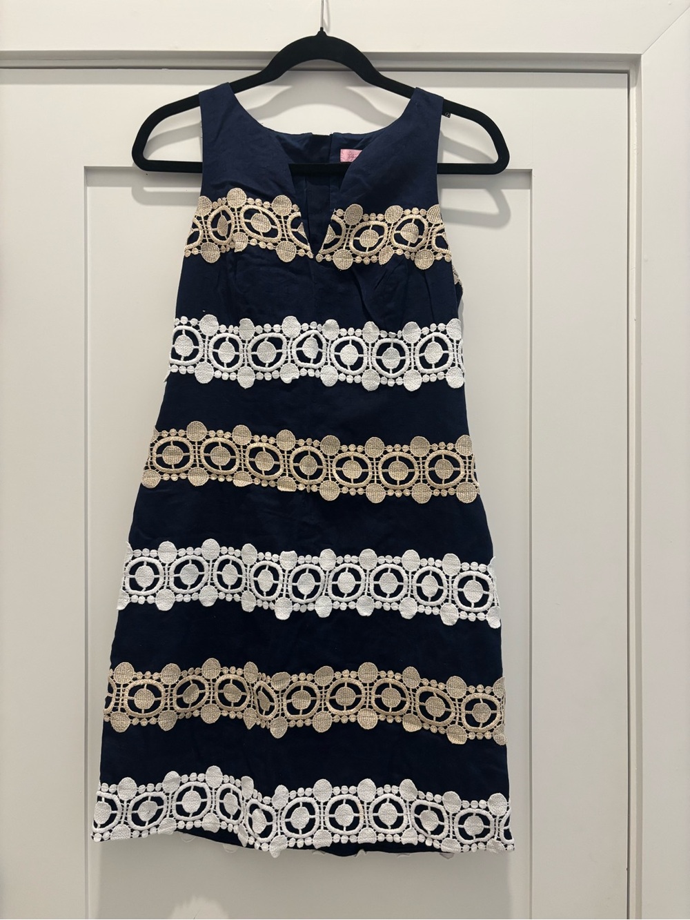 Lilly Pulitzer Navy Dress with White and Beige Lace Stripes